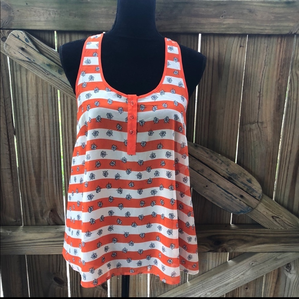 Love Tree Orange & White Stripe & Floral Semi Sheer Loose Tank Top Size M